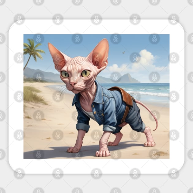 Sandy Paws and Denim: The Sphynx’s Day Out Sticker by vk09design